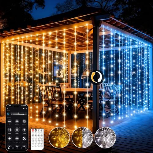 600LED Tenda Luminosa Natale Esterno Interno, 6m x 3m Tenda Luci Natale Esterno con Telecomando e APP, 17 Modalità, LED Cascata Luci Natale per Giardino Matrimonio Natalizie (Bianco Caldo e Freddo)