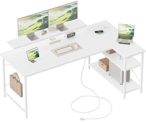 Mericonia Small L-Shaped Desk with LED, 140x70cm Computer Desk with Monitor Stand, Reversible Corner Desk for Home Office, White