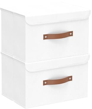 Yawinhe Scatole con Coperchio, Scatole Portaoggetti in Tessuto, Organizzatori Pieghevoli per Vestiti,Cestello Porta Abiti Pieghevole con Manico,26x20x17cm, Bianco,Set di 2,SNK018WN-2