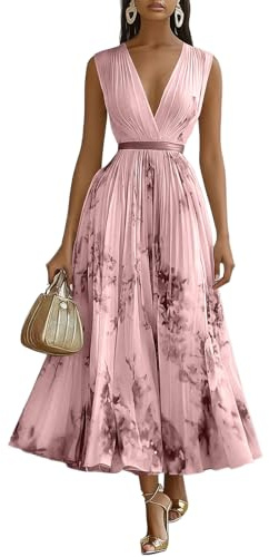 SCBFDI Robe Femme Soiree Plissée Sexy sans Manches Col en V Taille Haute | Longue Robe Coupe Trapèze Motif Floral L'Été pour Ceremonie Mariage