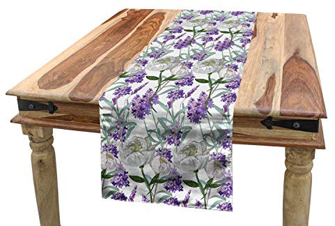 ABAKUHAUS Floral Tischläufer, Lavendel und Pfingstrose, Esszimmer Küche Rechteckiger Dekorativer Tischläufer, 40 x 180 cm, Weiß Lila