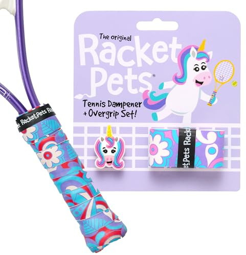 Racket Pets Kids Tennis Racket Dampener & Matching Overgrip Tape, Performance Shock Absorbing Dampener for Tennis Racket & Fun Animal Print Tennis Wrap Grip Tape (Unicorn)