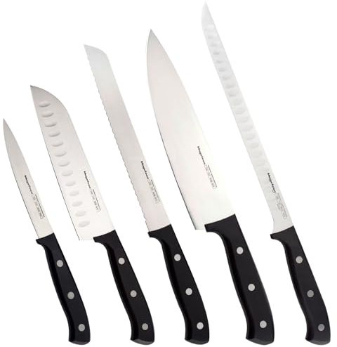 MAGEFESA Filo - Set de Cuchillos Panadero + Universal + Santoku + Chef + Jamonero, Acero Inoxidable, Mangos Modernos de Color Negro, Máxima Precisión