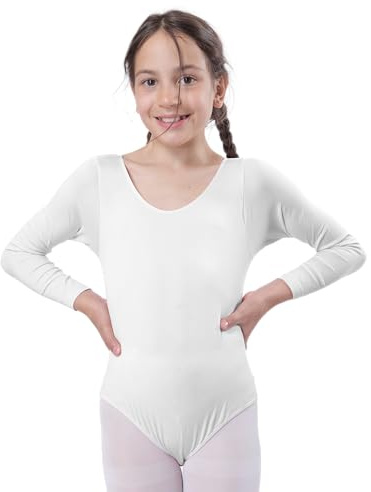 Balletttrikot für Mädchen, langärmelig, Rundhalsausschnitt, Tanz- und Gymnastiktrikot, weiß, 12 Jahre