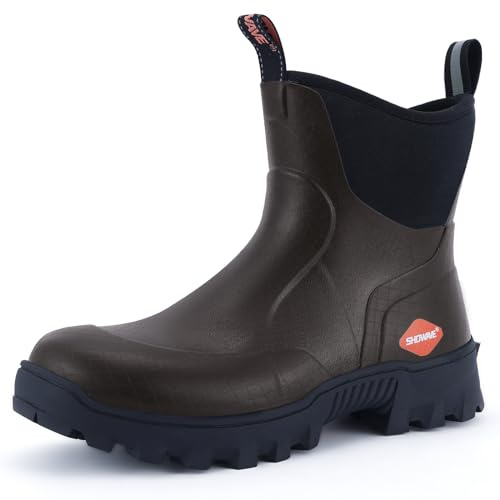 Showave Men's Short Rubber Boots Waterproof Rain Boots Insulated Working Booties with Comfortable Sports Sole, Brown,Size 12