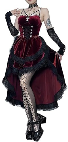 Goth Gothic Hi Low Swing Cocktail Party Dress Women's Vintage Goth Lace Smocked Elastic Waist Pleated Flowy Bodycon Dresses