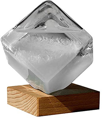 Desktop Ornament Storm Glass Barometers Water Cube Shape Weather Bottle with Wooden Base,Weather Storm Glass Bottle Drop Creative Stylish Weather Station Transparent