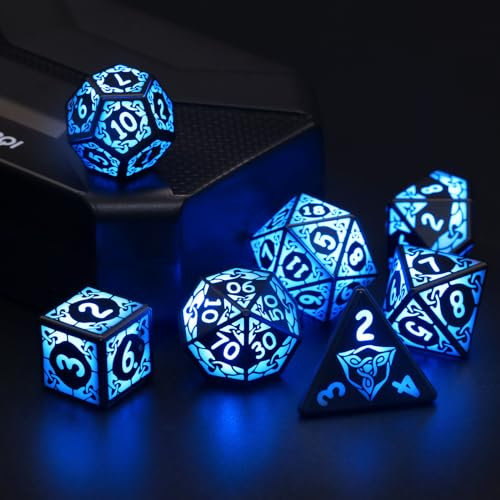 DND Würfel Wiederaufladbar mit Ladebox, 7 PCS LED Dice, Dungeons and Dragons Polyedrische Würfelset für Tabletop Spiele ZHOORQI D and D Würfel (Blue Light Up Dice)