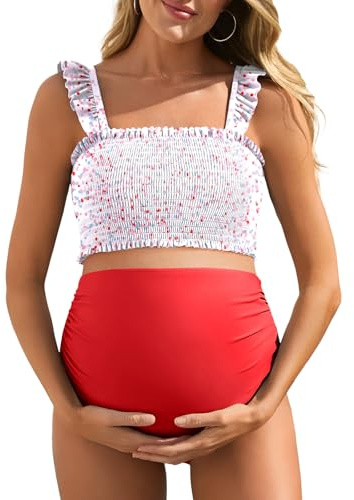 Summer Mae Maternity High Waist Bikini Swimsuit Two Piece Ruffled Hem Cute Bathing Suit Floral Pregnancy Swimwear Beatific Polka Dot Large
