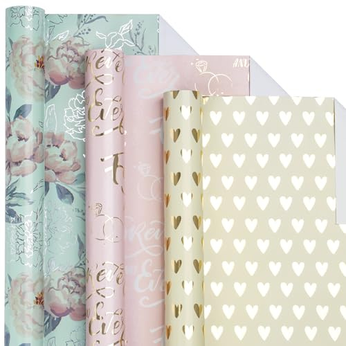 LeZakaa Rotolo di carta da regalo – Mini rotolo – Fiori/Cuore/Mr&Mrs Lettering Design per Matrimonio e Fidanzamento – 43,2 x 304,8 cm – 3 rotoli (42,5 mq.ttl.)