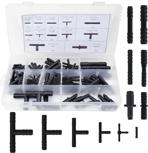 113 Stück T-Verbinder Schlauchverbinder Set, Schlauchverbinder Auto 12 Größen Schwarz T-Schlauchverbinder, für Gärten Schläuche BewäSserung Anschluss Kit KFZ Tropf Sprinkler Anlagen