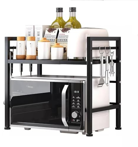 Multibao Expandable Microwave Rack Shelf, 2 Tier Oven Rack Stand Holder Kitchen Corner Shelf Desktop Printer Shelf Rack, Bakers Rack, Air Fryer shelf Stand,Storage Solution Organiser (Black)
