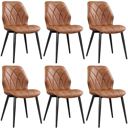 Yaheetech Faux Leather Dining Chairs Set of 6 with Metal Legs, Retro Brown | Modern Kitchen Chair for Dining Room, Upholstered Chair with Adjustable Feet for Living Room Bedroom