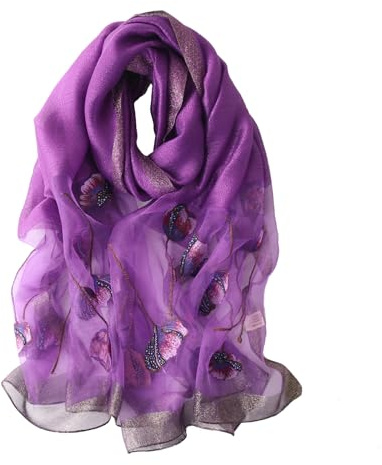 Anvevkn Women's Silk Embroidered Scarf Lightweight Shawls and Wraps for Weddings Fashion Elegant Pashmina Shawl Embroidered Scarves (D-Purple)
