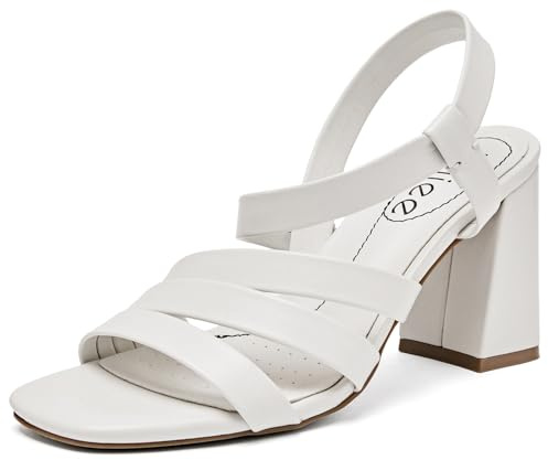 Ruiee Women's Heels Chunky Heeled Sandals - Square Open Toe Ankle Strappy Dressy Pump Block Heel Sandals Wedding Party Shoes for Women.2408084 White PU Size5