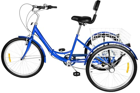 Folding Adults Tricycle 24 3 Wheels 7 Speed Tricycle, High Carbon Steel Frame, Adjustable Seat & Handlebar, Large Rear Basket, V-Brake & Holding Brake, Ideal for Shopping, Picnic, Outdoor Riding