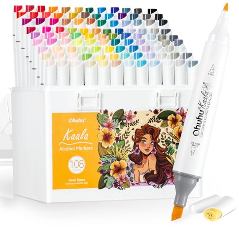 Ohuhu markers, 108+1 colori pennarelli ad alcool a doppia punta fine e sottile, inchiostro sfumabile e ricaricabile per artisti che colorano e disegnano personaggi dei cartoni animati e degli anime