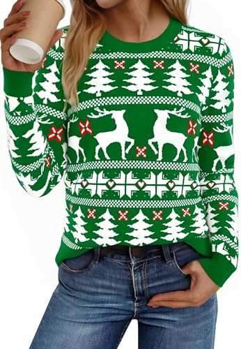 Bresdk Pull de Noel Femme Chic Moche Pull Noel Drole Hiver Ugly Christmas Sweater Chaud Vetement Sweat de Noël Femmes Vert S