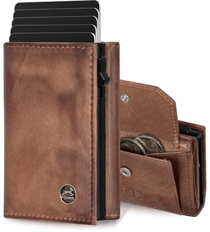 Fa.Volmer ® POP-UP Kartenetui mit Münzfach aus Echtleder für Herren & Damen | 11 Karten | RFID Schutz | Geldbörse VO44P (Antique Brown, Großes Münzfach)