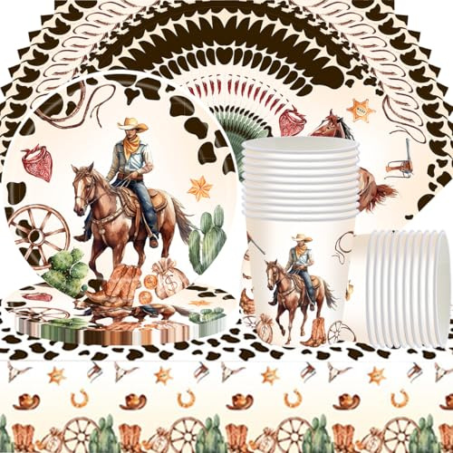 Set di 61 stoviglie da festa in stile cowboy western con motivo cavallo, composto da bicchieri di carta, piatti, tovaglioli e tovaglia in stile cowboy, adatto per 20 ospiti