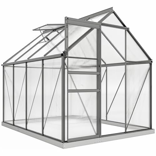 Outsunny 1.9x2.5 m Serra da Giardino in Policarbonato e Lega di Alluminio, Serra per Piante Orto con Finestra Apribile Regolabile, Porta Scorrevole e Grondaie, Grigio Scuro