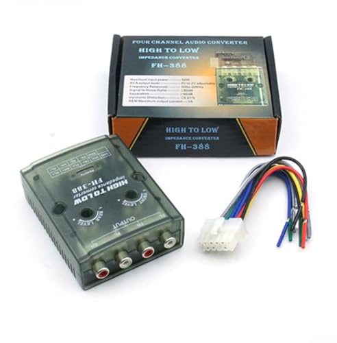 Convertitore audio da alto a basso a 4 canali con funzione di ritardo, adattatore stereo per auto per potenziamento dei bassi, cablaggio filtro rumore 12 V