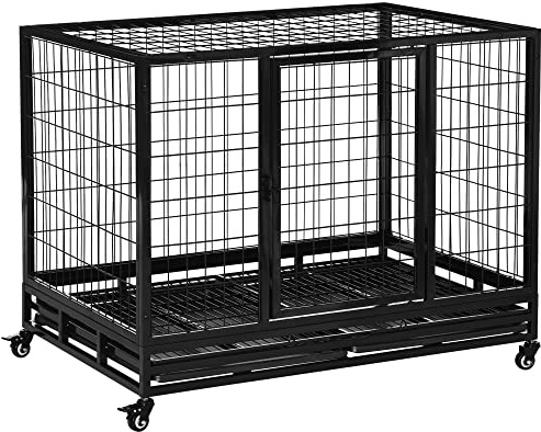 PawHut 43 Heavy Duty Metal Dog Kennel Pet Cage with Crate Tray and Wheels - Black (Large)
