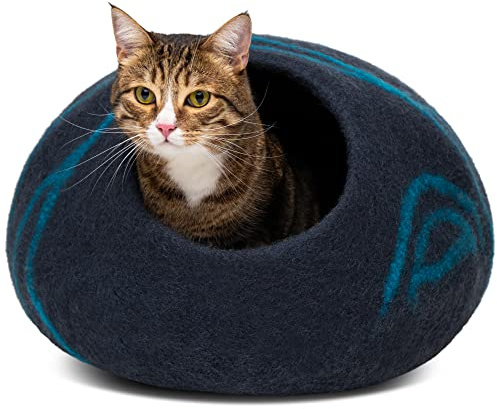 MEOWFIA Kattgrotta – premiumfilt kattbädd för inomhuskatter, handgjord 100% merinoull (medium, svart aqua)