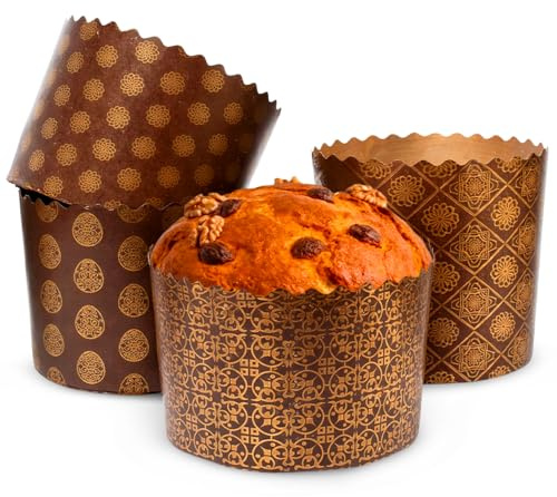 12 oz Round Panettone Paper Mold | 12 Pack | Non Stick Easter Bread Paper Mold Kulich Paska Pascha Bread Baking Forms Brown Design