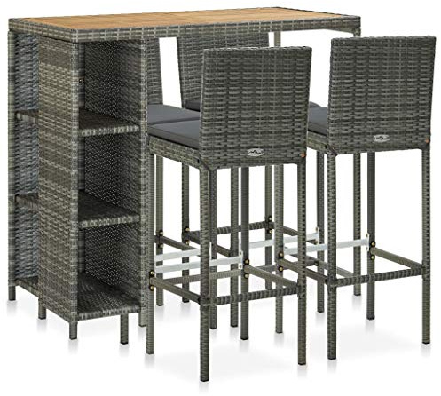 vidaXL Set de Bar para Jardín 5 Piezas y Cojines Mesa Silla Asiento Patio Terraza Barra Bistró Muebles Mobiliario Ratán Sintético Gris