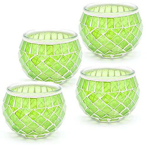 Mosaic Glass Candle Holder Vintage Jar Tealight Holders, Home Decoration with upto 8 Hour Burn Tea Light Candles (Green 4 Pack)