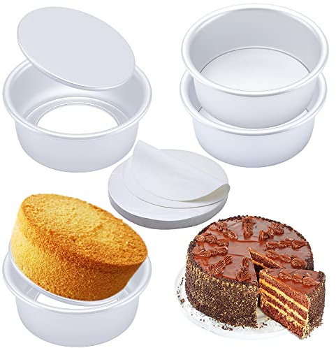 6 Inch Cake Pans Set of 4, Nonstick Aluminum Pans with 100 Sheets Parchment Paper, Round Cake Pans Cake Tins for Making Layered Cakes Deep Dish Pizza Quiches, Removable Bottom for Easy Quick Release