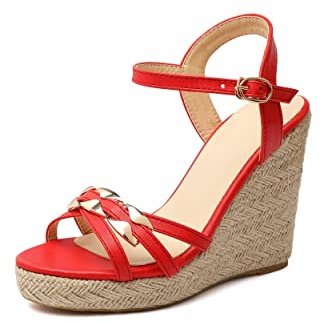 Sintético sexy peeptoe hebilla correa tacón cuña sandalias mujer tacón alto con 11 cm bombas para mujer talla grande t33-502, rojo, 35 EU