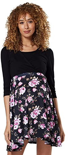 HAPPY MAMA Femme. Robe Patineuse maternité d'allaitement. Manches 3/4. 603p (Fleurs Noires et Roses, 44, 2XL)