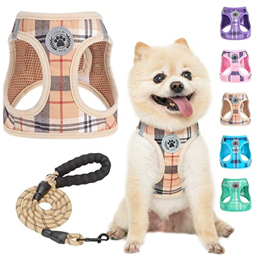 BEAUTYZOO Small Dog Harness and Leash Set,Step in No Choke No Pull Soft Mesh Dog Harnesses Reflective for Extra-Small/Small Medium Puppy Dogs and Cats, Plaid Dog Vest Harness for XS S Pets, Beige XXS