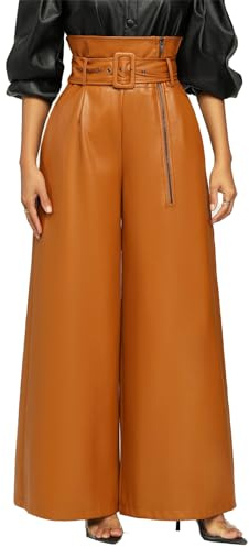 Tcremisa Leather Pants for Women Casual High Waisted Faux Leather Wide Leg Pants Pocketed PU Trousers Brown