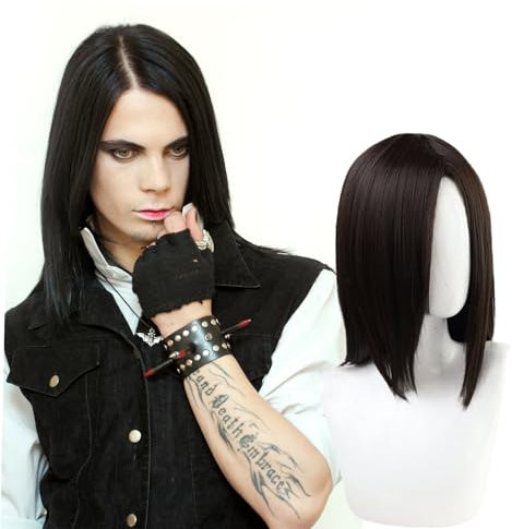 FOUNSHO Perruque Raide Longue Noir pour Hommes 35CM/ 13.78'' Noir Perruque Hommes 70s 80s Déguisement Perruques de Cheveux pour Disco Fête Quotidien Postiche Halloween Cosplay Carnaval