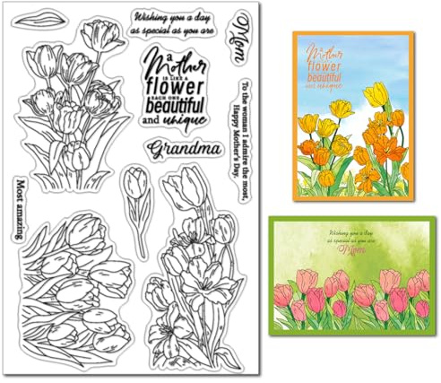 arriettycraft Tulpanblommor klart stämpelset – mors dag silikonstämplar, 3 bukettdesigner med mors dag känslor för korttillverkning, scrapbooking, gör-det-själv-hantverk, gratulationskort och