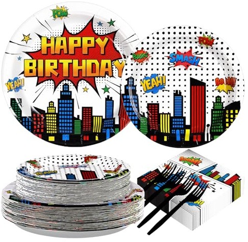 200Pcs Super Theme Hero Party Supplies White Comic Hero Plates and Napkins Hero's Action Sign Cityscape Tableware Sets for Kids Baby Shower Hero Spider themed Party Decorations Favors Serve 24
