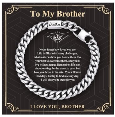 Gamtic Brother Bracelets Gifts for Boy - Engraved Silver Cuban Chain Men Bracelet Love Massage Birthday Graduation Presents Christmas for Teenage Friend Brother Gifts (Brother, 7.5 Inch)