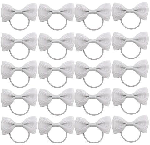 20 Pieces Hair Accessories, Hair Bow, Bows for Hair, Girls Bobbles Bows School Bands, Elastics Hair Bands for Girls, Small Ribbon Clips Hairbands Holder Set (Light grey)