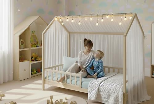 Lit Cabane Enfant 90x190 en Bois Massif - Maison Montessori avec Barreaux de Sécurité - Sommier à Lattes Renforcées Inclus - Lit Junior Unisexe - Matelas Non Inclus