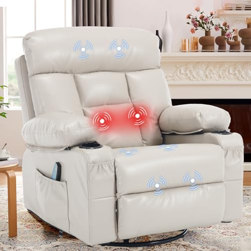 Comermax Swivel Rocker Recliner with Heat and Massage, Heated Massaging Reclining Chair with Cup Holders, Faux Leather Rocking Recliner Swivel Glider Chair for Nursery, Beige