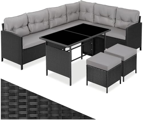 tectake® Set Salotto in Rattan, Salotto da Giardino Esterno, Telaio in Acciaio, Tavolino da Salotto con 2 Piani in Vetro, Divani, Cuscini Relax, Sgabelli Poggiapiedi, Piscina, Giardino - Nero/Grigio