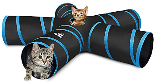 Pawaboo Katzetunnel, Premium-5-Wege-Tunnel Erweiterbar Zusammenklappbar Katzen Spielzeug Maze versetzte Tunnel Katzen Spielzeug mit Pompon und Bells für Kätzchen Kaninchen, Schwarz & Hellbalu