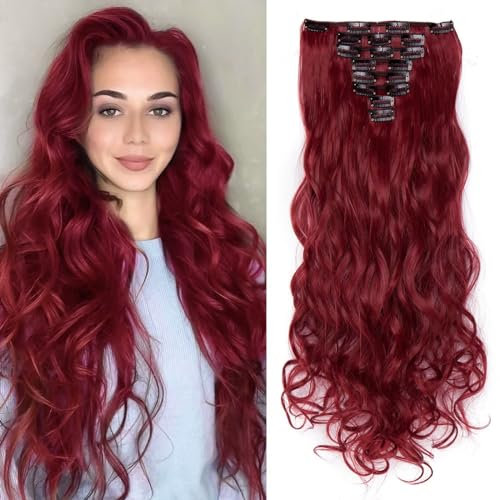 TESS Clip in Extensions wie Echthaar Haarteile günstig Haarverlängerung 8 Tressen 18 Clips Haarteil Gewellt 24(60cm)-140g Rot
