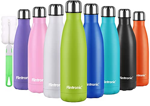 flintronic Botella Termica, 500ML Botella de Agua de Acero Inoxidable, Aislamiento de Vacío de Doble Pared, Botellas de Frío/Caliente Sin BPA & Eco Friendly, con 1 Portavasos y 1 Cepillo