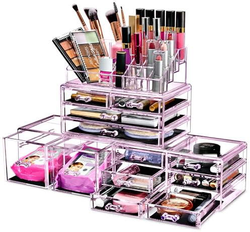 Sorbus Large Makeup Organizer - Clear Stackable Jewelry & Makeup Organizer For Vanity, Bathroom Storage, Dresser - 12 Drawers Cosmetic Beauty Organizers and Storage with Lipstick, Makeup Brush Holder