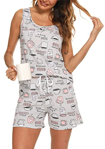 ENJOYNIGHT Women's Pyjama Sets Cotton Print Nightwear Tank Top and Shorts Sleepwear Soft Loungewear Summer Pjs Set (Medium,Cup)