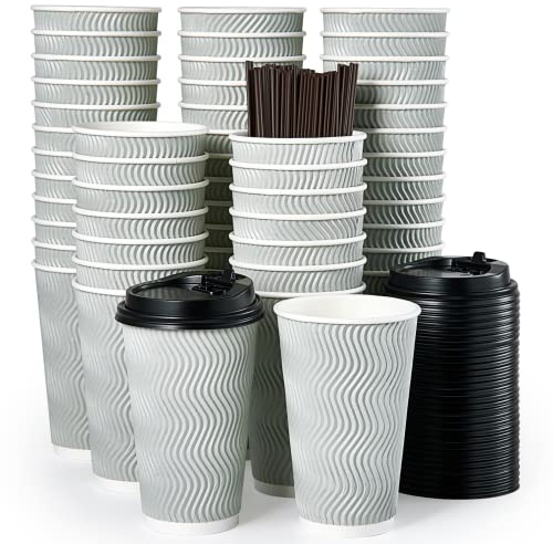 MUCHII 16 oz Disposable Coffee Cups, 80 Count Silver Grey Insulated Ripple To Go Cups With Lids and Straws for Tea, Hot Chocolate, and Drinks